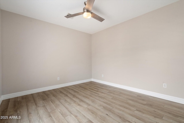 unfurnished room with ceiling fan and light wood-type flooring