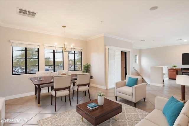 dining area featuring ornamental molding, light tile patterned floors, and a notable chandelier