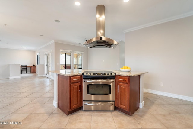 kitchen featuring crown molding, island range hood, a center island, and stainless steel electric range