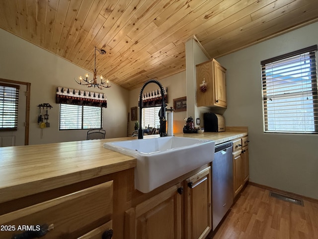 kitchen with decorative light fixtures, visible vents, light countertops, a sink, and dishwasher