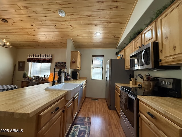 kitchen with stainless steel appliances, butcher block countertops, a sink, wood ceiling, and light brown cabinetry