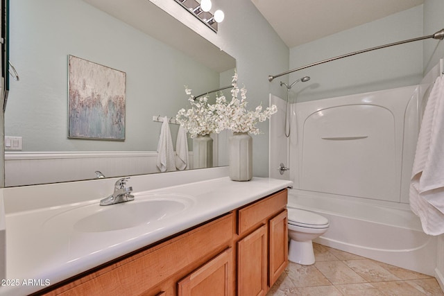 bathroom with vanity, shower / tub combination, tile patterned floors, and toilet