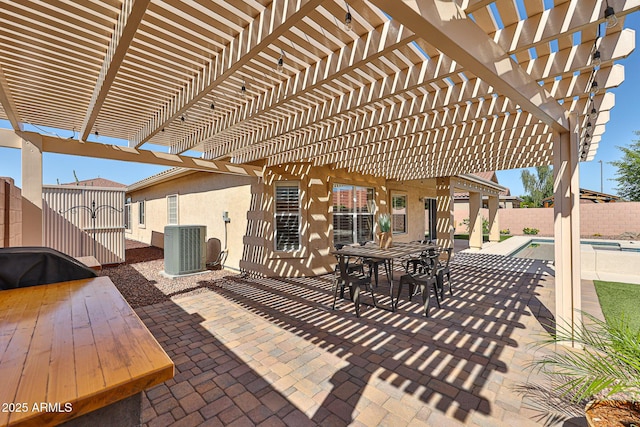 view of patio featuring outdoor dining area, central air condition unit, a fenced in pool, a fenced backyard, and a pergola