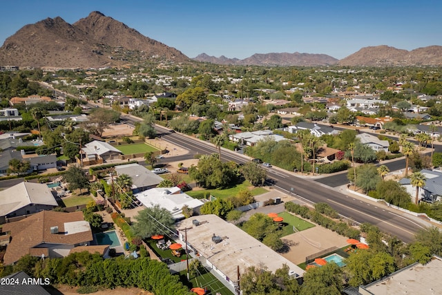 drone / aerial view featuring a mountain view