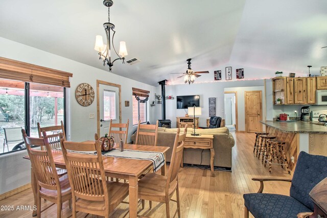 3047 Ponderosa Rd, Overgaard, AZ 85933 - dining space with visible vents, a ceiling fan, lofted ceiling, light wood-style floors, and a wood stove