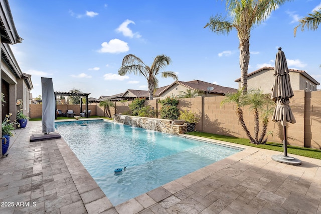 view of swimming pool featuring a patio area, a pergola, and a fenced backyard