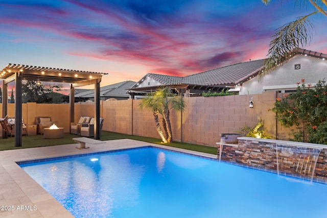 pool at dusk with a patio area, a fenced in pool, a fenced backyard, and a pergola