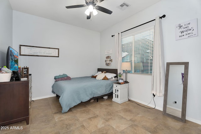 bedroom featuring a ceiling fan, baseboards, and visible vents