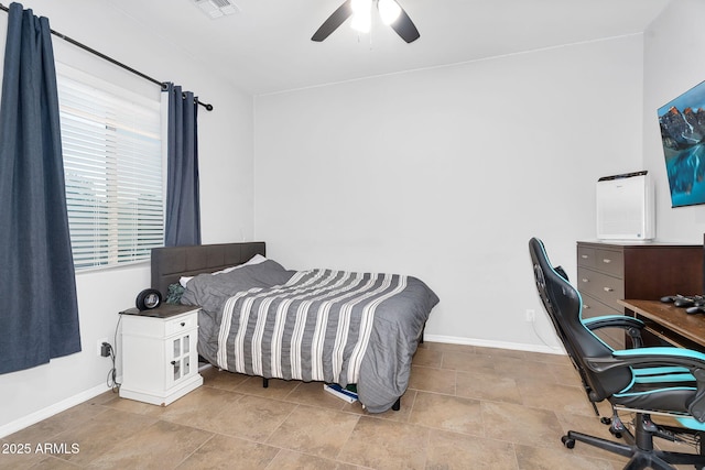 bedroom featuring baseboards, visible vents, and ceiling fan