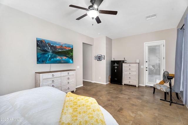 bedroom featuring visible vents, ceiling fan, and baseboards