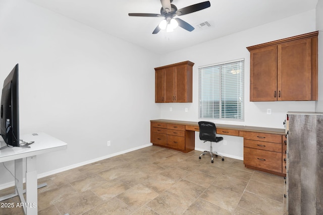 home office with a ceiling fan, visible vents, baseboards, and built in desk