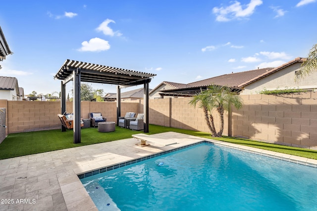 view of pool with a fenced in pool, a fenced backyard, a pergola, a patio area, and an outdoor hangout area