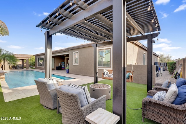 view of pool featuring a fenced in pool, fence, a patio area, and a pergola