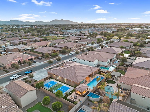 aerial view with a mountain view and a residential view