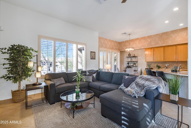 living room featuring light tile patterned flooring