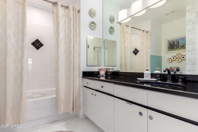 bathroom with vanity, tile patterned flooring, and shower / bathtub combination with curtain