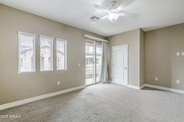 unfurnished bedroom featuring baseboards, light carpet, access to outside, and visible vents