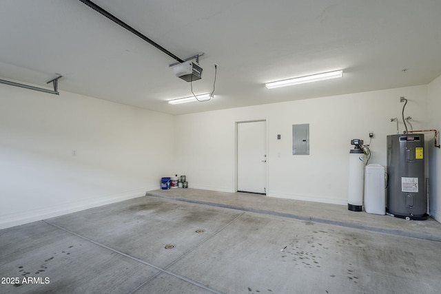 garage with electric panel, water heater, baseboards, and a garage door opener