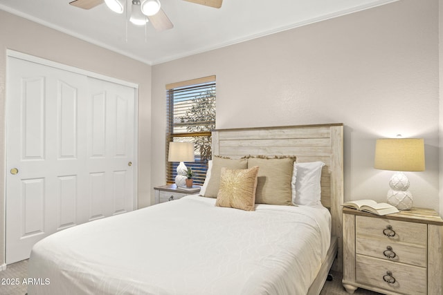 4111 S Dewdrop Ct, Gilbert, AZ 85297 - carpeted bedroom with ceiling fan, ornamental molding, and a closet