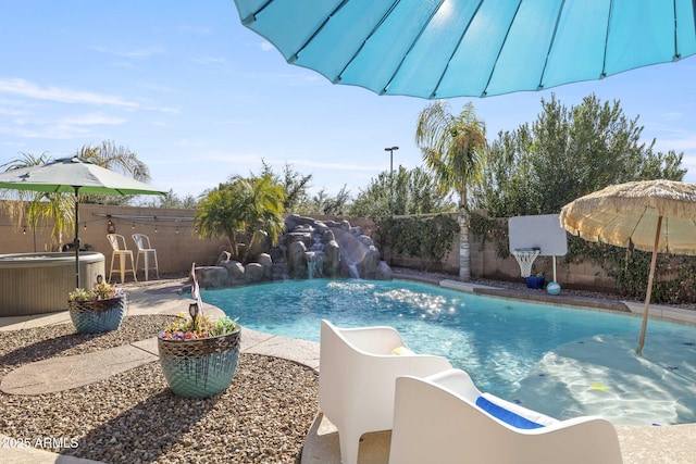 4111 S Dewdrop Ct, Gilbert, AZ 85297 - view of pool with a fenced backyard, a hot tub, and a patio
