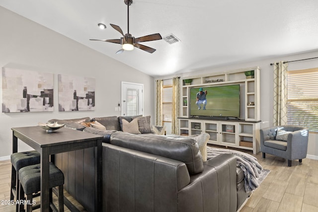 4111 S Dewdrop Ct, Gilbert, AZ 85297 - living area featuring ceiling fan, lofted ceiling, and light wood finished floors