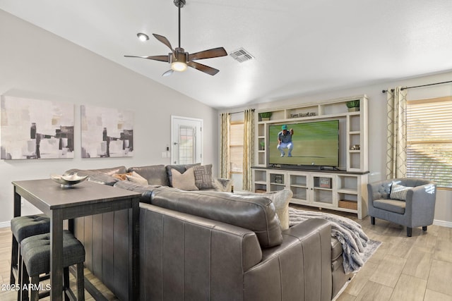 4111 S Dewdrop Ct, Gilbert, AZ 85297 - living room featuring a ceiling fan and vaulted ceiling