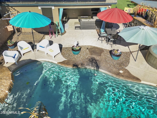 4111 S Dewdrop Ct, Gilbert, AZ 85297 - swimming pool with a patio area, outdoor dining space, and outdoor lounge area