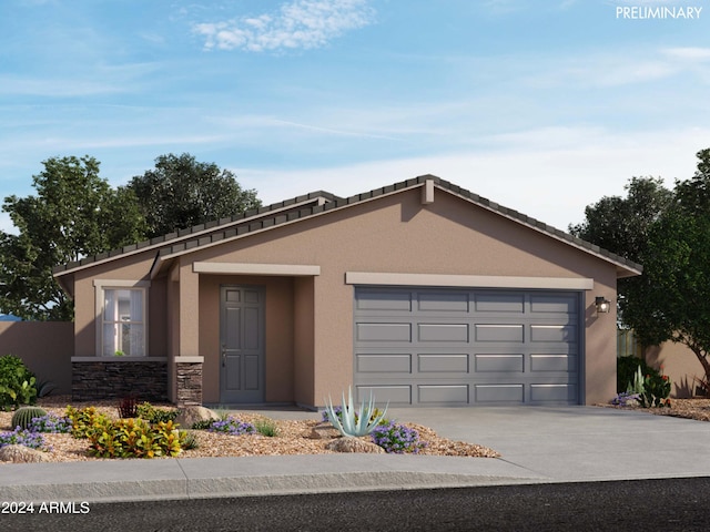 view of front of property with a garage, stone siding, driveway, and stucco siding