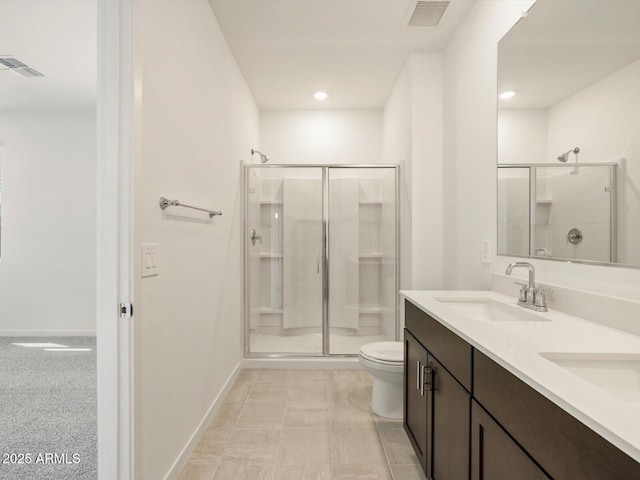 full bathroom with toilet, a stall shower, visible vents, and a sink