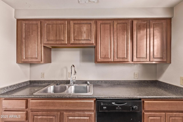 3434 E Baseline Rd Unit 214, Phoenix, AZ 85042 - kitchen with black dishwasher, a sink, dark countertops, and brown cabinetry