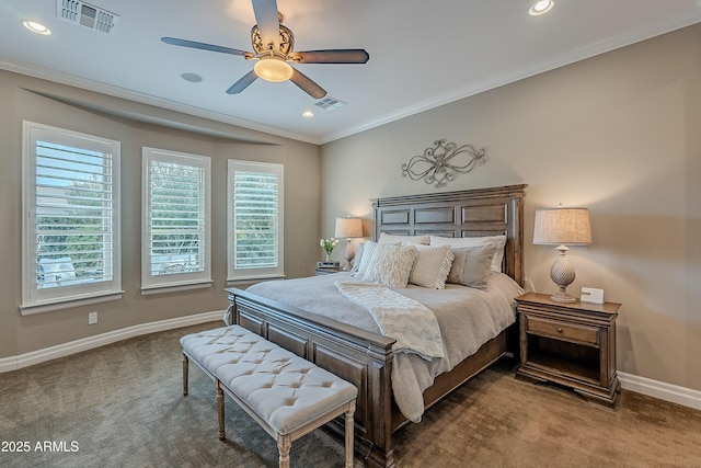 bedroom with carpet, visible vents, baseboards, and ornamental molding