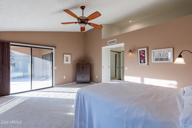 unfurnished bedroom featuring vaulted ceiling, light carpet, access to exterior, and ceiling fan