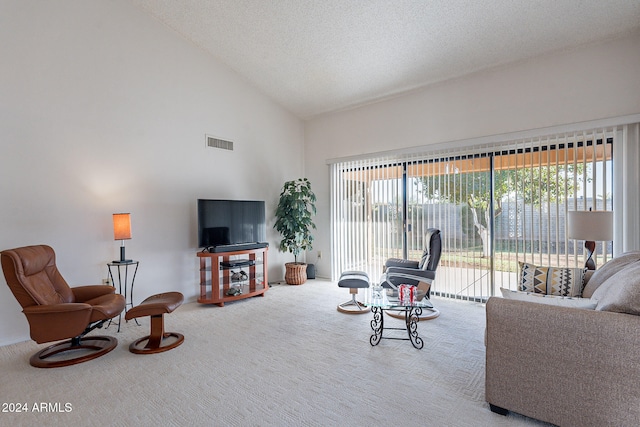 carpeted living room featuring a textured ceiling, a healthy amount of sunlight, and high vaulted ceiling