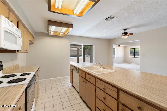 kitchen featuring a wealth of natural light, ceiling fan, sink, and white appliances