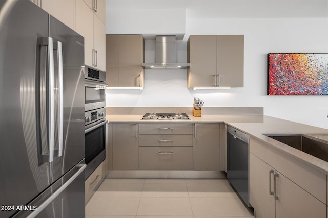7180 E Kierland Blvd Unit 314, Scottsdale, AZ 85254 - kitchen featuring stainless steel appliances, wall chimney range hood, gray cabinetry, light tile patterned flooring, and light countertops