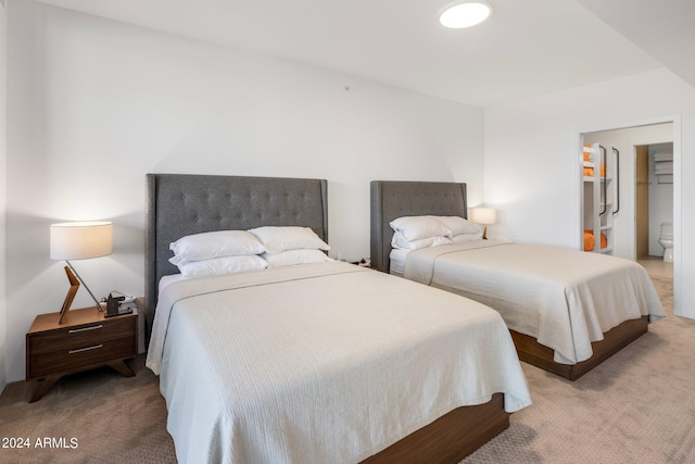 bedroom with a walk in closet, ensuite bathroom, and light colored carpet