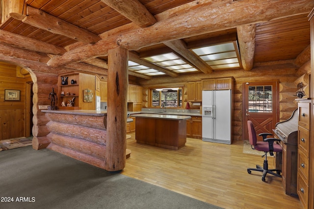 703 N Chaparral Pines Dr, Payson, AZ 85541 - kitchen featuring white refrigerator with ice dispenser, wood ceiling, and log walls