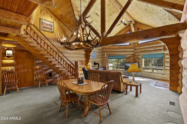 703 N Chaparral Pines Dr, Payson, AZ 85541 - dining space featuring stairway, high vaulted ceiling, carpet, wood ceiling, and beamed ceiling