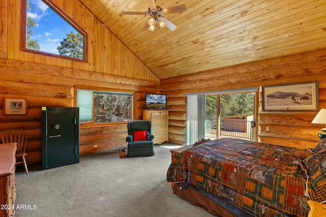 bedroom featuring wood ceiling, access to outside, high vaulted ceiling, carpet, and ceiling fan