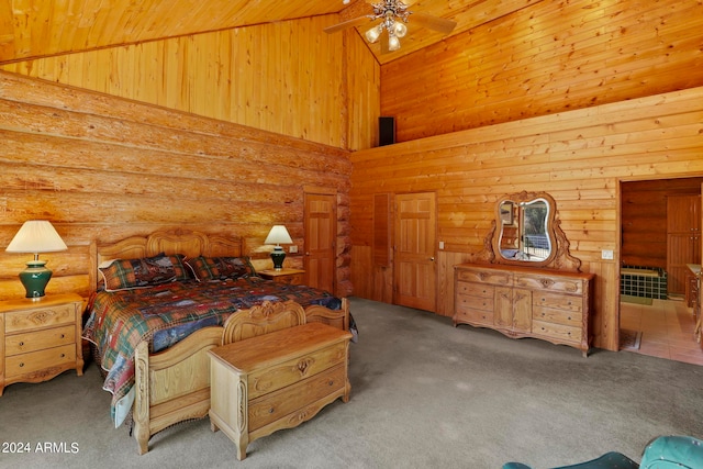 bedroom with high vaulted ceiling, wood ceiling, carpet, and ceiling fan