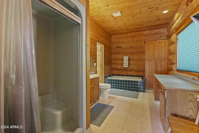 703 N Chaparral Pines Dr, Payson, AZ 85541 - full bathroom with a bath, walk in shower, tile patterned floors, vanity, and wooden ceiling