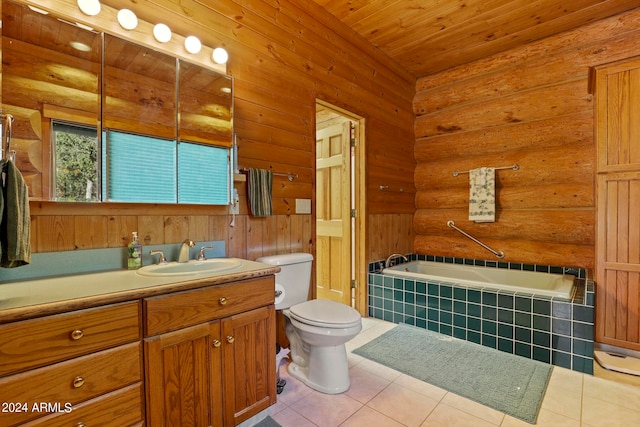 bathroom featuring tiled tub, vanity, wooden ceiling, toilet, and tile patterned floors