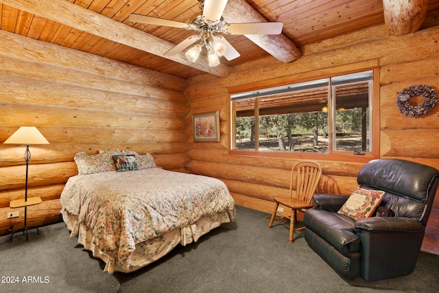 bedroom featuring ceiling fan, beamed ceiling, rustic walls, and wooden ceiling