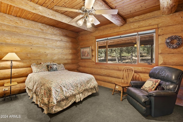 703 N Chaparral Pines Dr, Payson, AZ 85541 - bedroom featuring carpet flooring, a ceiling fan, beam ceiling, rustic walls, and wood ceiling