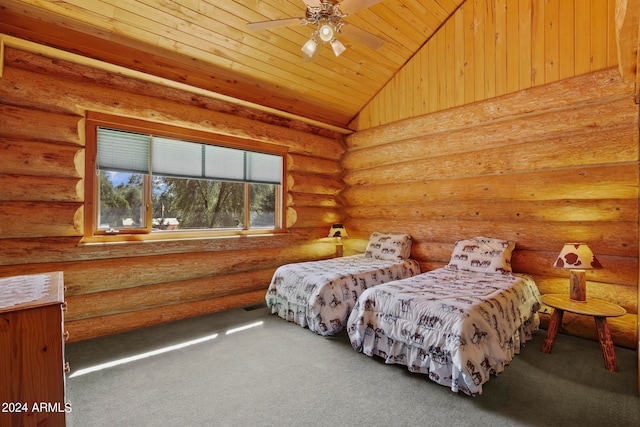 bedroom with wooden ceiling, lofted ceiling, ceiling fan, and carpet floors