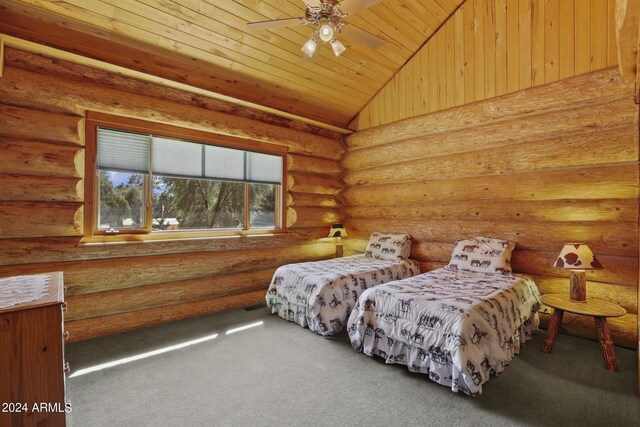 703 N Chaparral Pines Dr, Payson, AZ 85541 - carpeted bedroom featuring wooden ceiling, log walls, and lofted ceiling