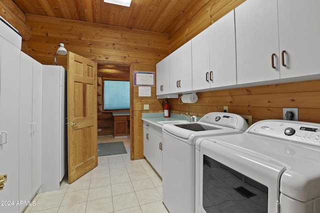 703 N Chaparral Pines Dr, Payson, AZ 85541 - laundry room featuring light tile patterned flooring, wooden ceiling, a sink, washer and dryer, and cabinet space