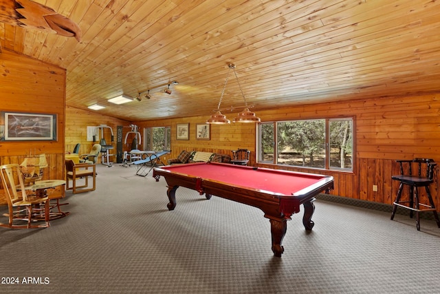 rec room with wood walls, pool table, vaulted ceiling, and wooden ceiling