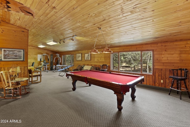703 N Chaparral Pines Dr, Payson, AZ 85541 - recreation room featuring vaulted ceiling, carpet floors, wood ceiling, wooden walls, and billiards