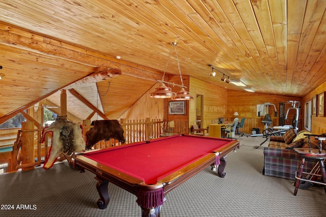 game room featuring wood ceiling, wood walls, and billiards